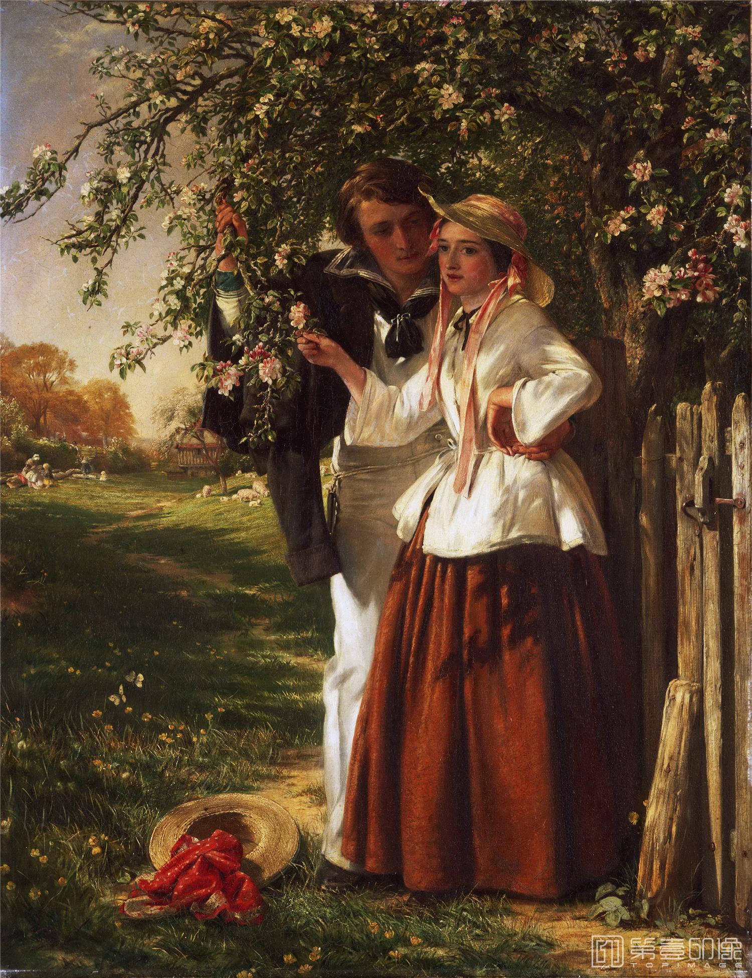 油画-美国费城美术馆藏画-John Callcott Horsley, English, 1817-1903Lovers under a Blossom Tree-355